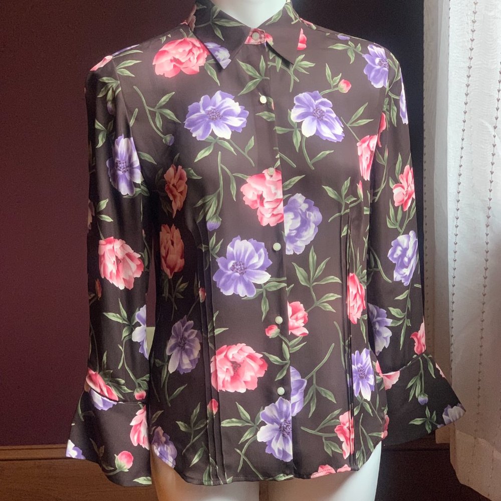 JONES NEW YORK Silk Button Up Floral Sheer Blouse M